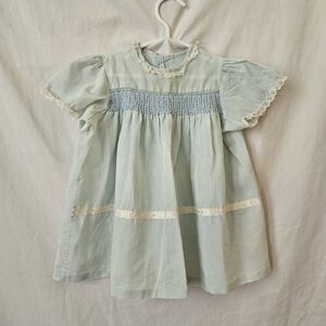 Vtg Handmade Dress Infant Girl 9-18 Month Smocked Baby Blue Lace 70s Prairiecore